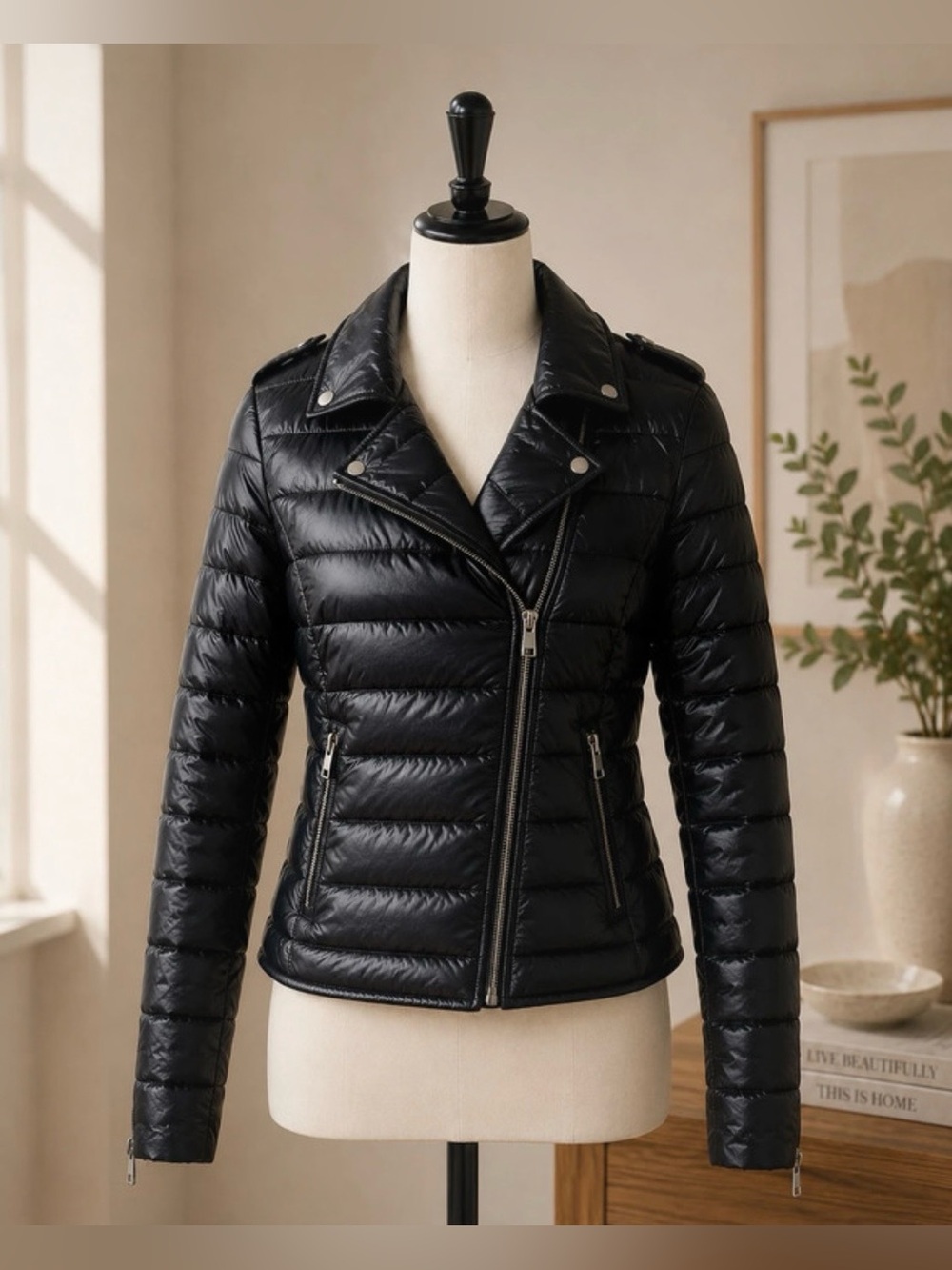DKNY Jeans Women’s XS Black Moto Puffer Jacket Quilted Lightweight NWT